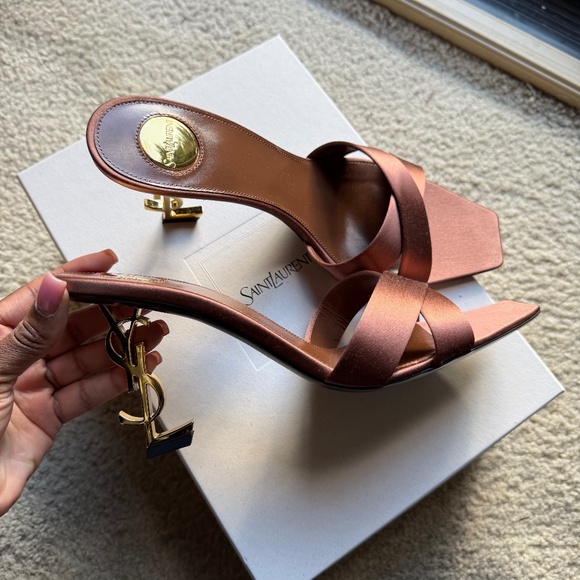 Saint Laurent Opyum YSL Logo-Heel Satin Slide Sandals - Picture 1 of 7